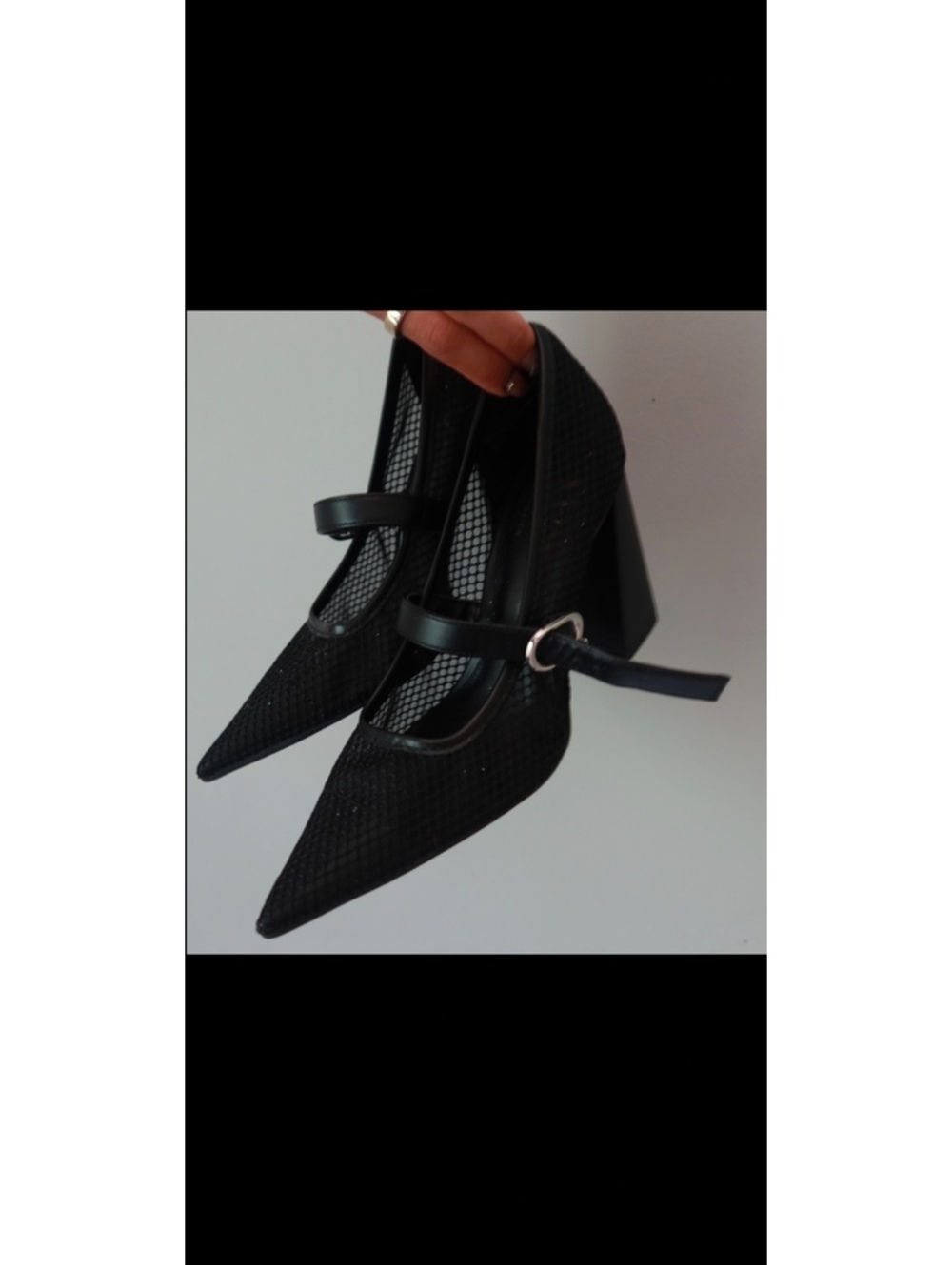 Black Mesh Pointed Toe Mary Jane Block Heels